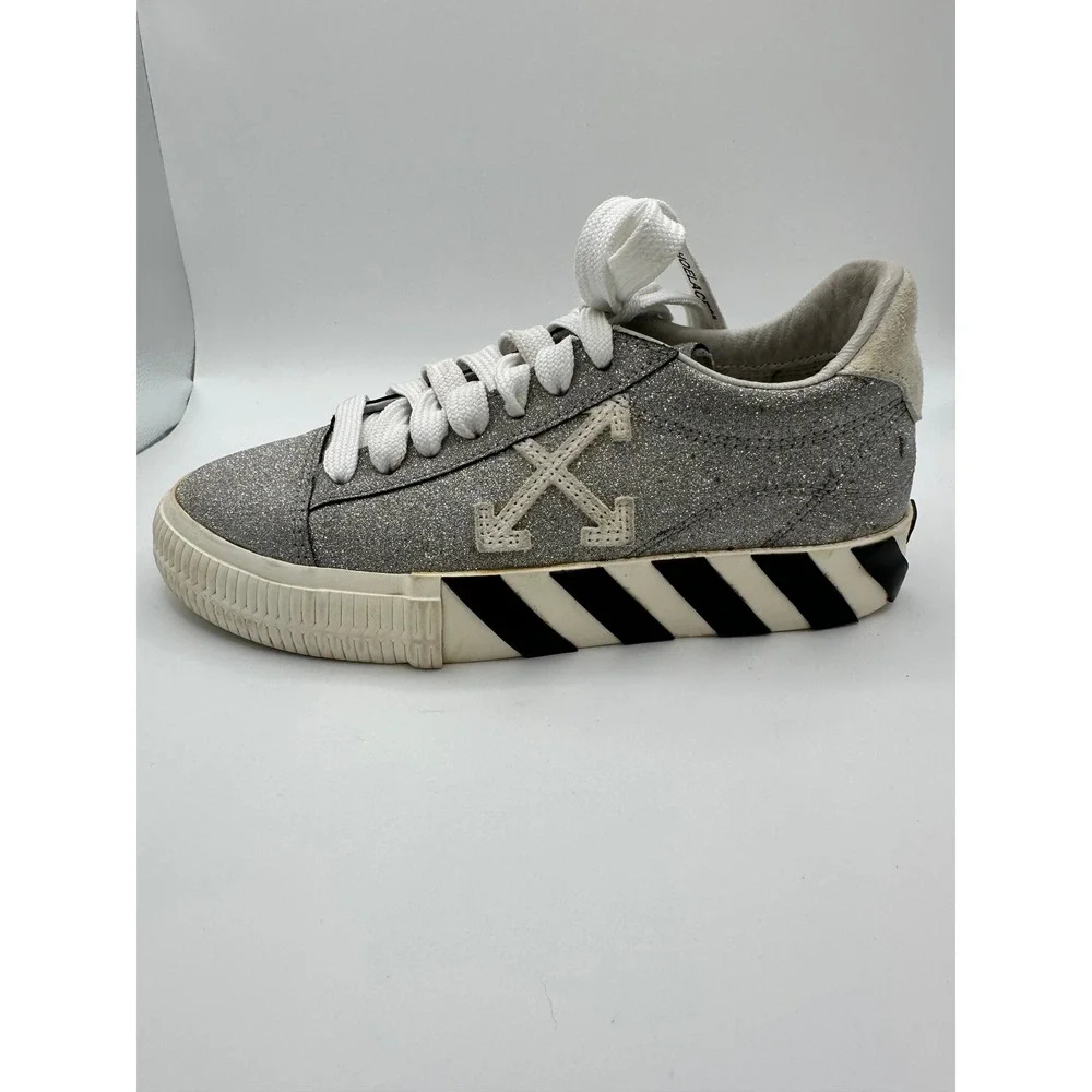 Off-White‎ Kids Low Vulcanized Silver Glitter Sneakers Zip Tie Shoes